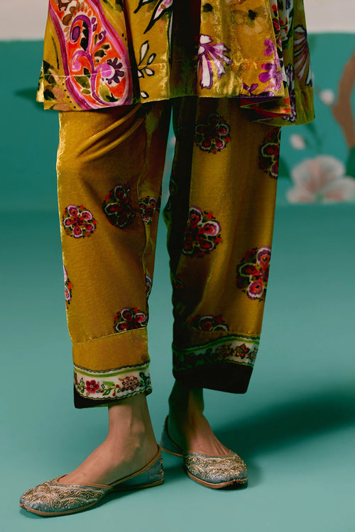 Mustard Floral Velvet Kurta Set