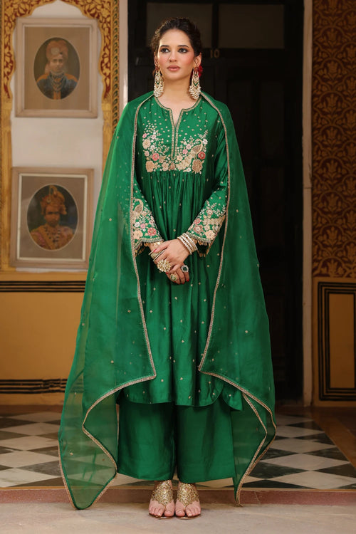 Ahista Green Mayur Applique Frockstyle Kurta Set With Dupatta