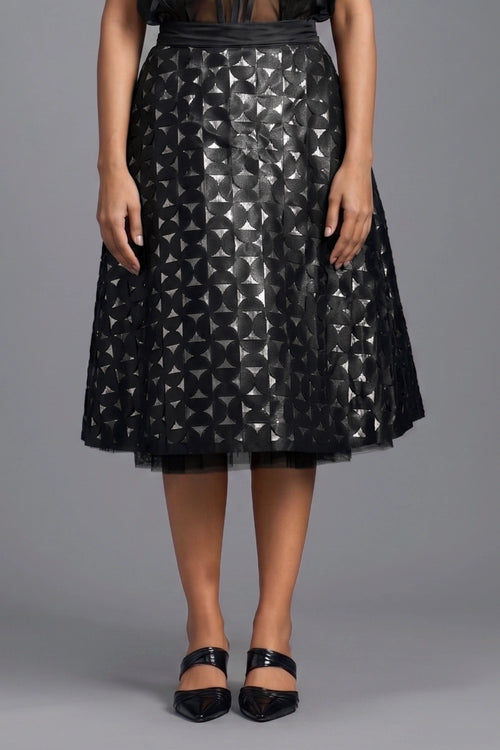 Black Geometric Cutwork Midi Skirt