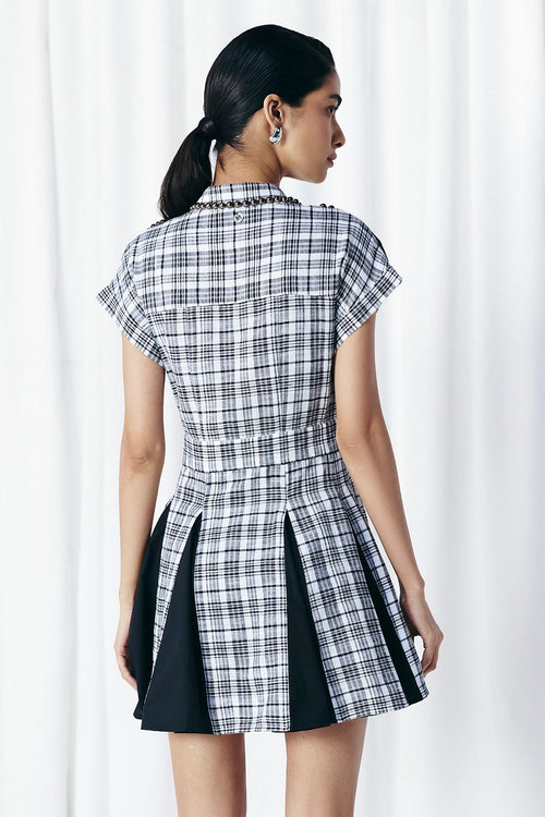 Black & White Check-Solid Panel Studded Dress