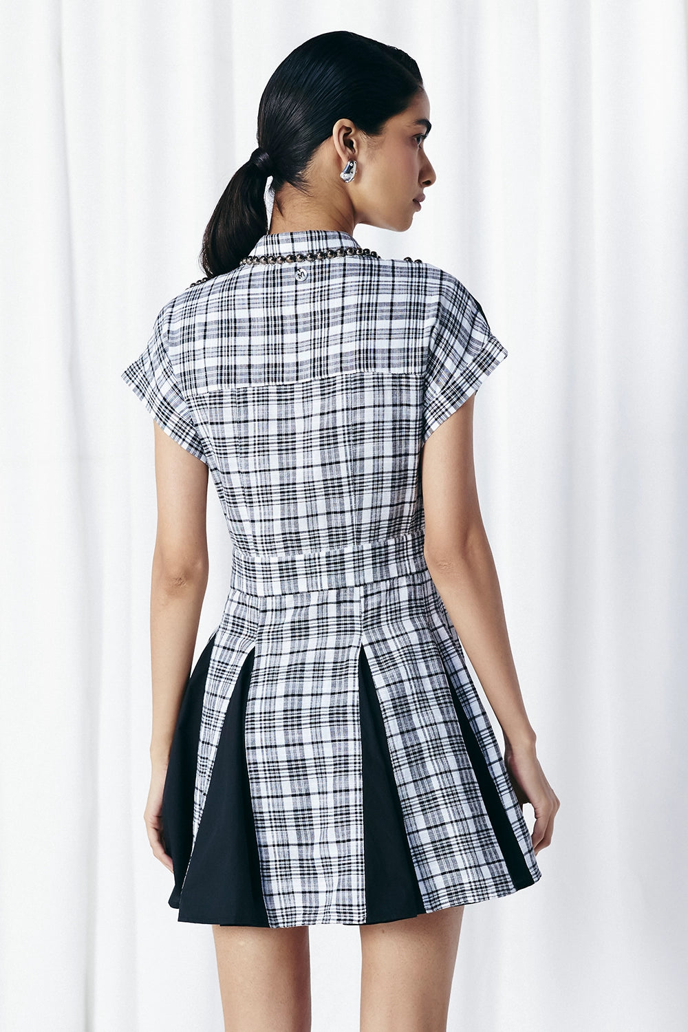Black & White Check-Solid Panel Studded Dress