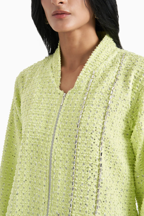 Lime Green Denim Sequins Jacket And Pants Set