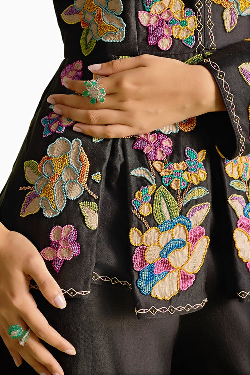 Black Cordwork And Beadwork Pleated Peplum Jacket