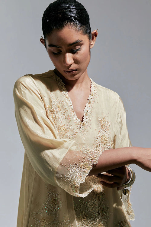 Shell Floral Threadwork Silk Kurta Set