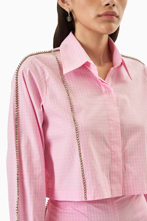 Pink Cotton Checks Crop Shirt