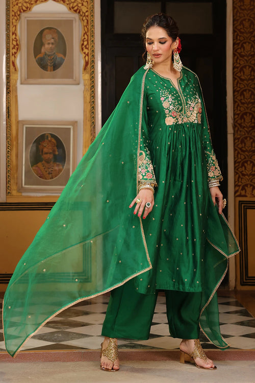Ahista Green Mayur Applique Frockstyle Kurta Set With Dupatta