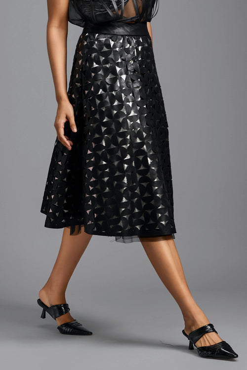 Black Geometric Cutwork Midi Skirt