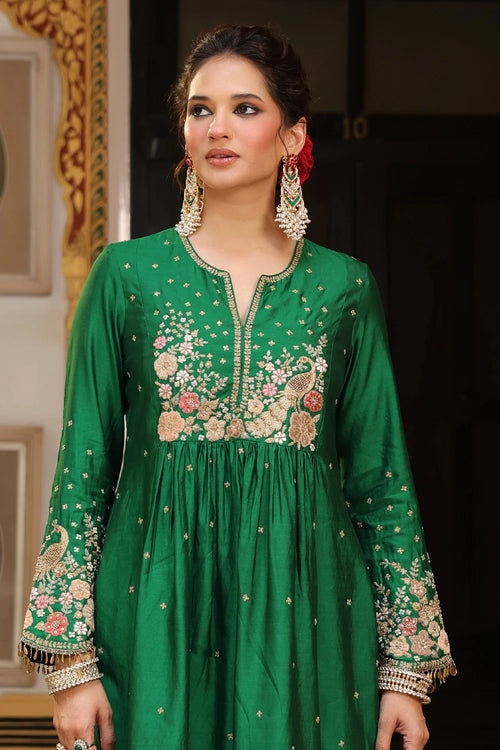 Ahista Green Mayur Applique Frockstyle Kurta Set