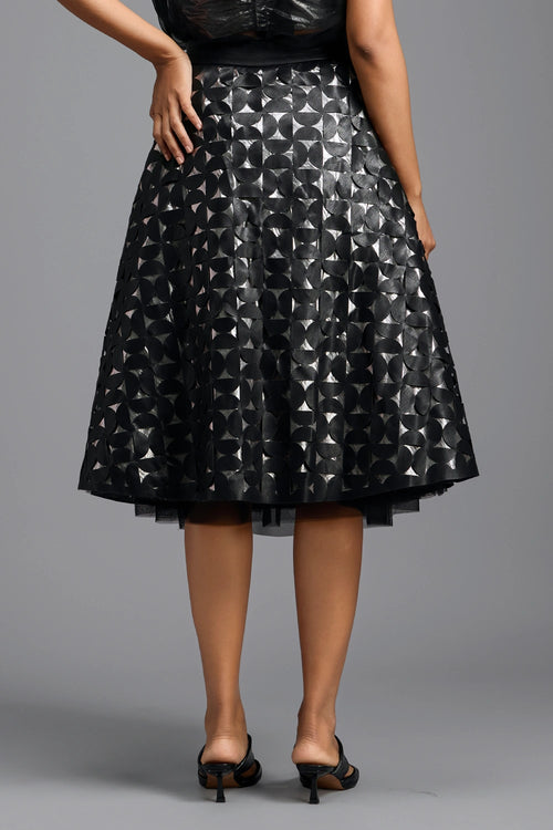 Black Geometric Cutwork Midi Skirt