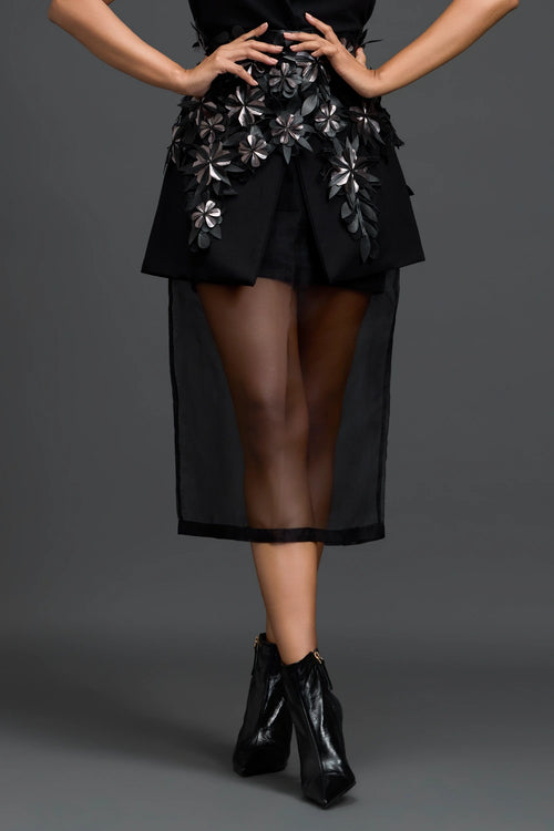Black 3D Floral Blazer Dress with Organza Overlay