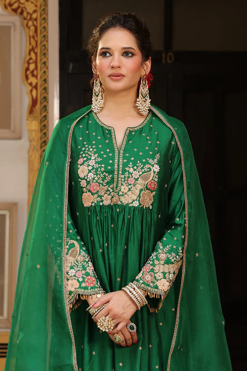 Ahista Green Mayur Applique Frockstyle Kurta Set With Dupatta