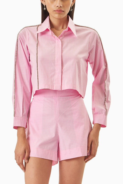 Pink Cotton Checks Crop Shirt