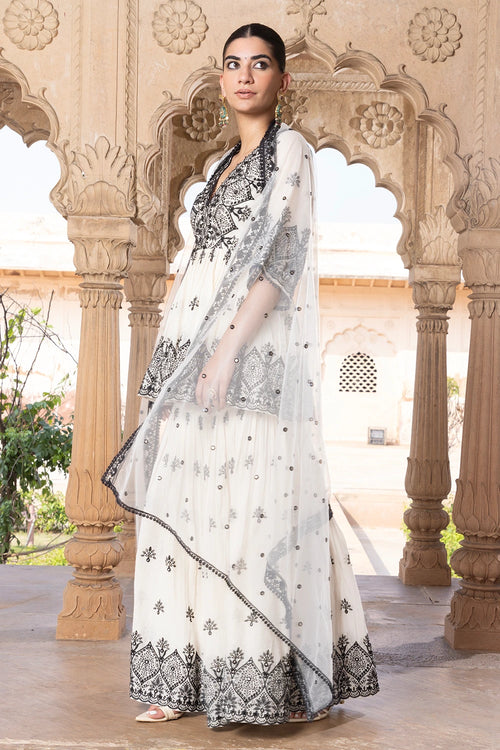 Black and White all-over Ambi Embroidered Sharara with Dupatta