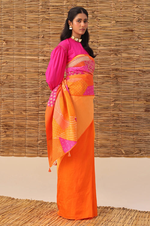 Orange Multi Bandhani Patchwork Saree