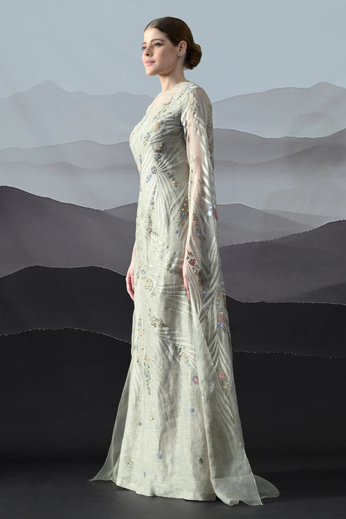 Soft Grey Gown With Handworked Floral Trails And Sheer Overlay