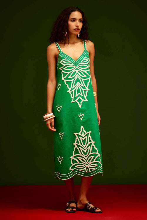 Avocado Green Strappy Embroidered Cotton Dress
