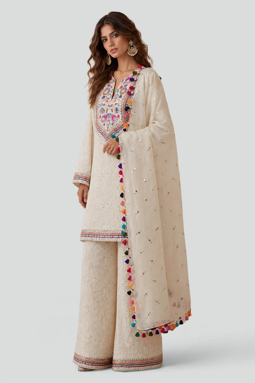 Stone Chikankari Kurta With Palazzo And Dupatta