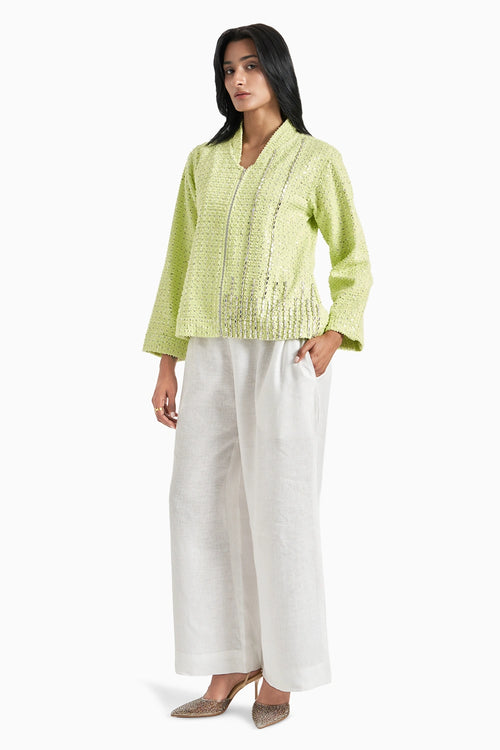 Lime Green Denim Sequins Jacket And Pants Set