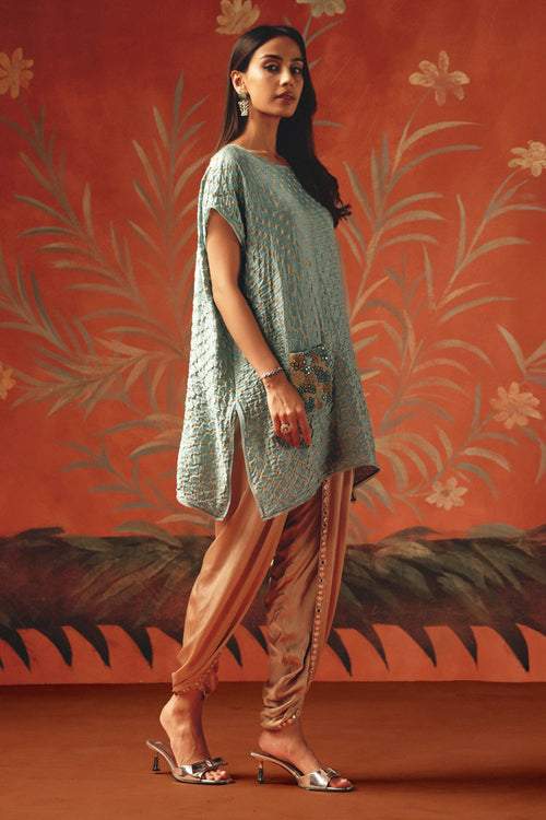 Seafoam Kite Top with Pocket Mirrorwork and Tulip Dhotis