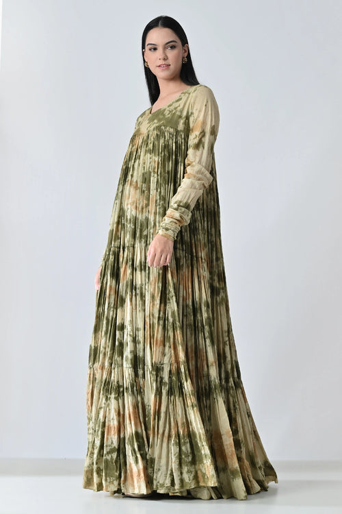 Olive Meadow Pleated Printed Dress
