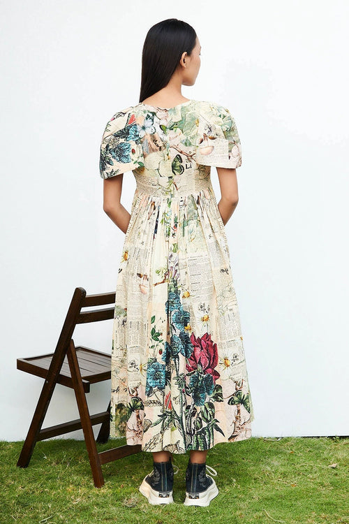 Newspaper Print Puffered Sleeve Dress