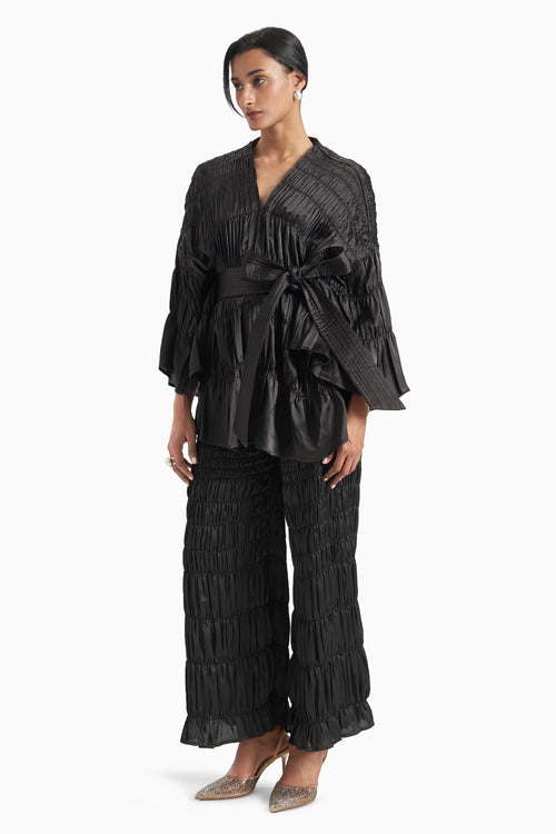 Black Kedia Style Centre Opening Top With Wide Leg Pants