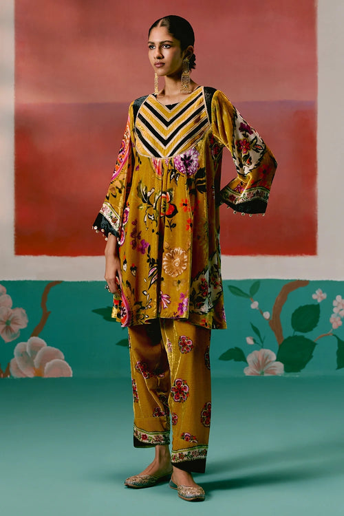Mustard Floral Velvet Kurta Set
