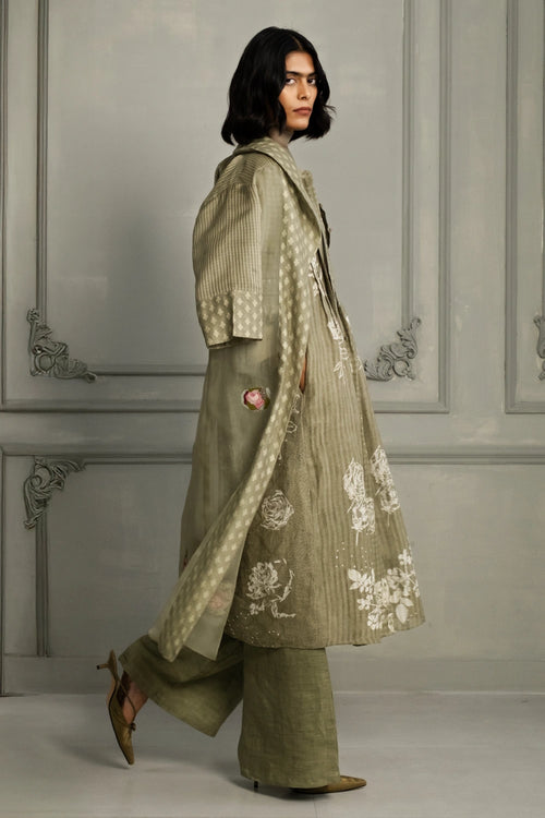 Sage Green Organza Jacket with Gauze Linen Dress And Pants