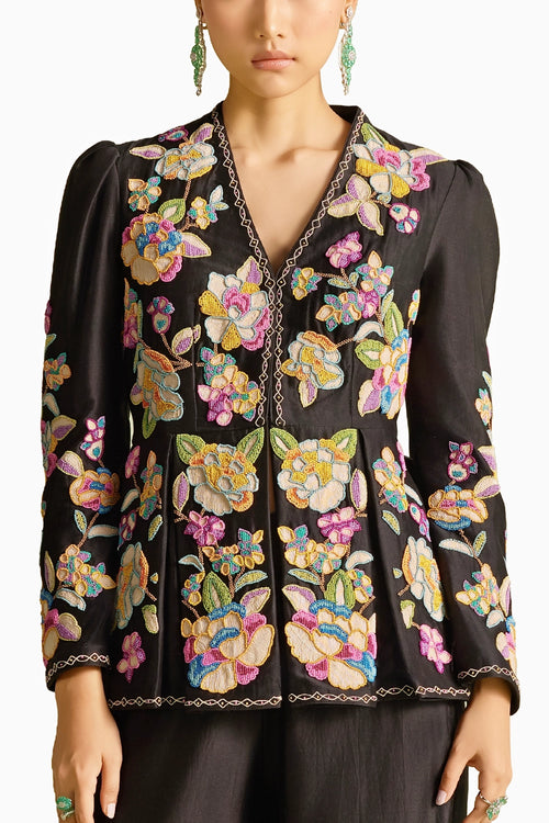 Black Cordwork And Beadwork Pleated Peplum Jacket