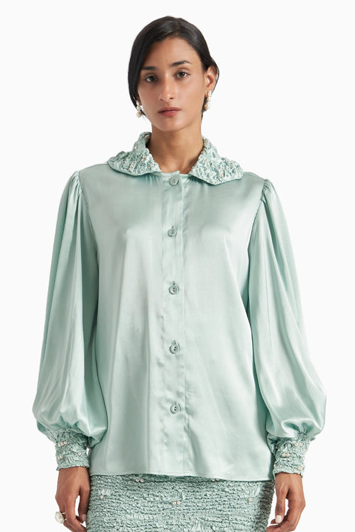 Sea Foam Signature Hex Collar Top With Bishop Sleeves