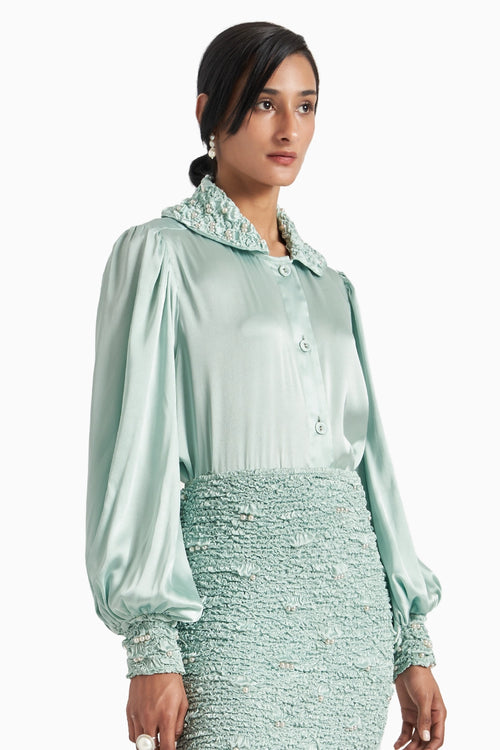 Sea Foam Signature Hex Collar Top With Bishop Sleeves