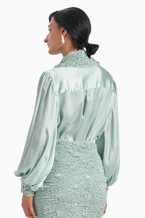 Sea Foam Signature Hex Collar Top With Bishop Sleeves