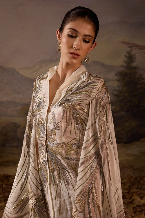 Ivory Hand-Embroidered Cape Overlay with Botanical Motifs