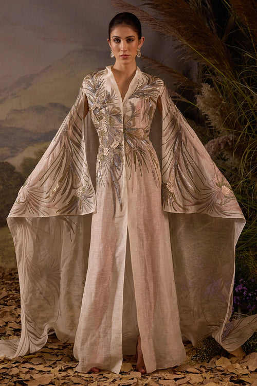 Ivory Hand-Embroidered Cape Overlay with Botanical Motifs