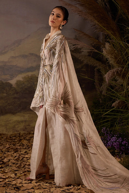Ivory Hand-Embroidered Cape Overlay with Botanical Motifs