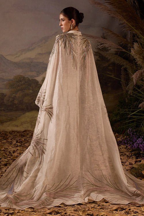 Ivory Hand-Embroidered Cape Overlay with Botanical Motifs