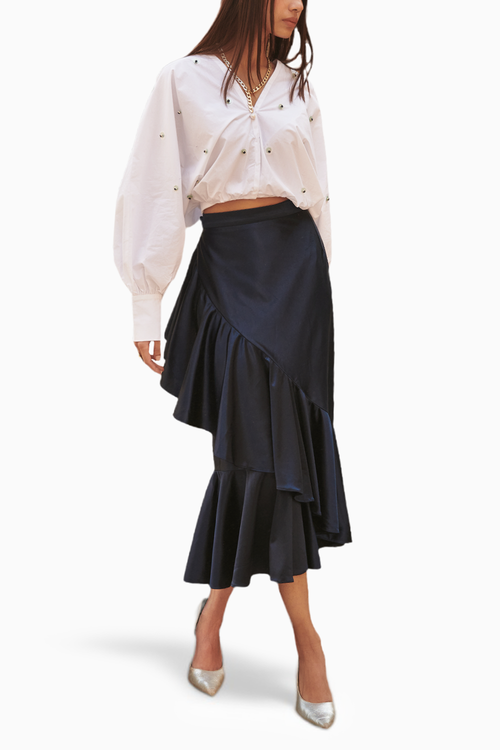 Embroidered V Neck Crop Top With Ruffle Skirt