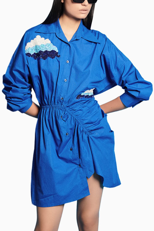 Ruched Asymmetric Blue Dress