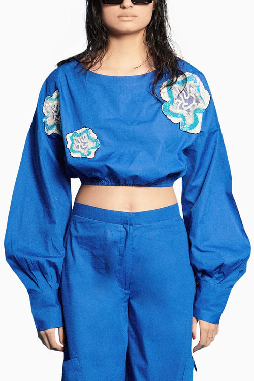 Blue Embroidered Crop Top