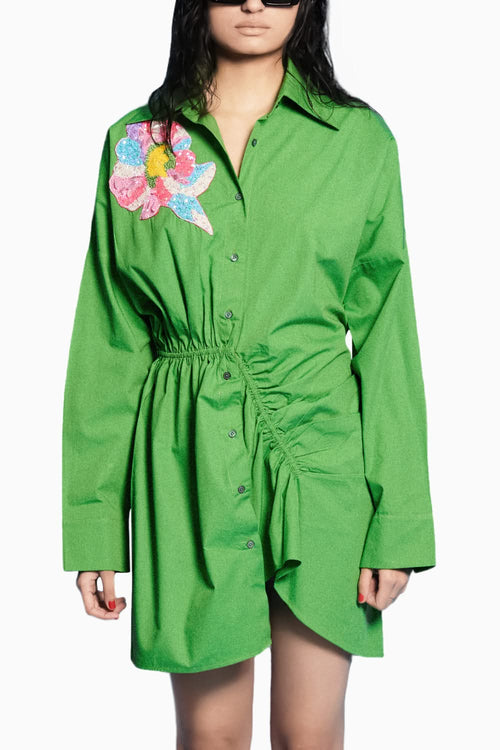 Green Ruched Asymmetric Dress