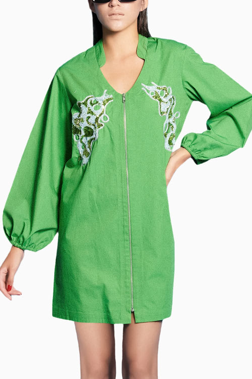 Green Poplin Embroidered Shirt Dress