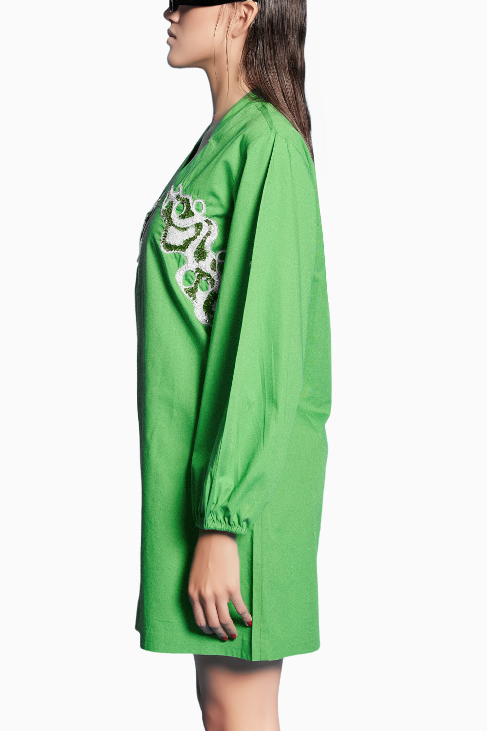 Green Poplin Embroidered Shirt Dress