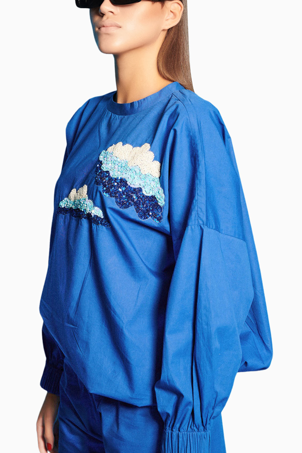 Blue Embroidered Poplin Top