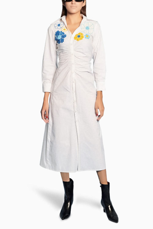 Ruched Embroidered Midi Dress
