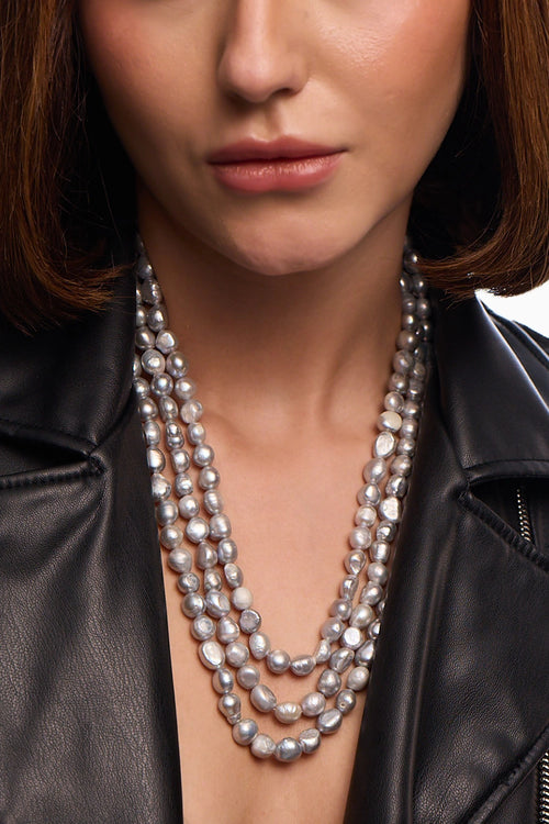 Silver Triple Baroque Pearl Necklace
