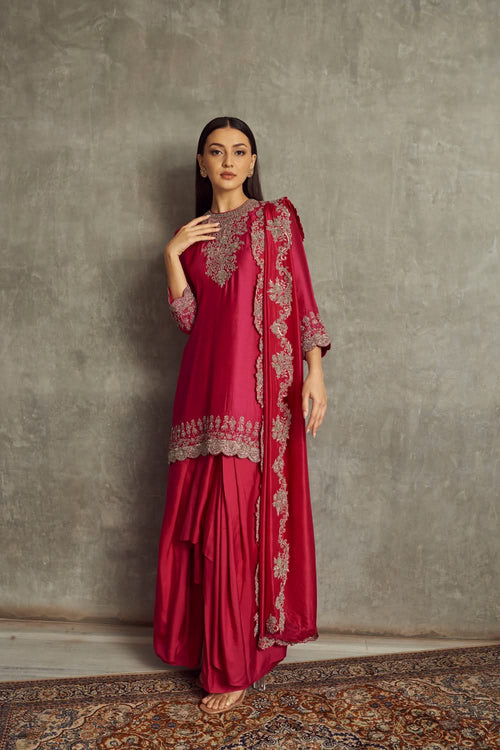 Pink Embroidered Tunic and Cowl Skirt with Dupatta