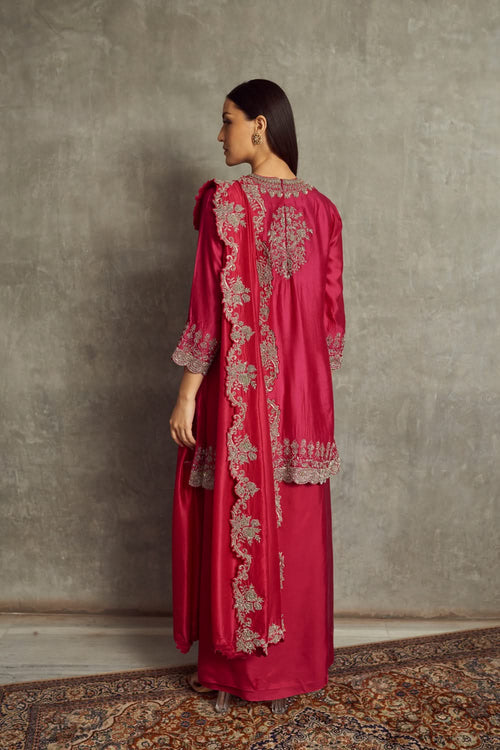 Pink Embroidered Tunic and Cowl Skirt with Dupatta
