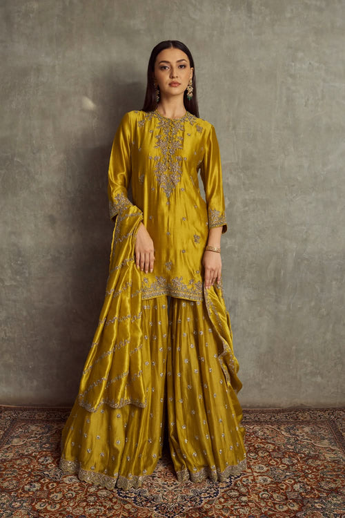 Mustard Embroidered Tunic and Sharara with Dupatta