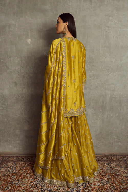 Mustard Embroidered Tunic and Sharara with Dupatta