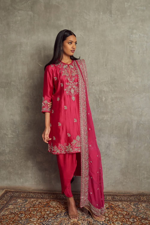 Pink Embroidered Tunic and Dhoti Pants with Dupatta